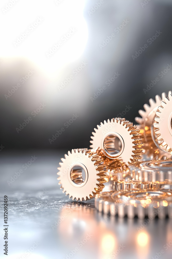 Poster golden gears stacked on surface with soft background lighting and machinery concept
