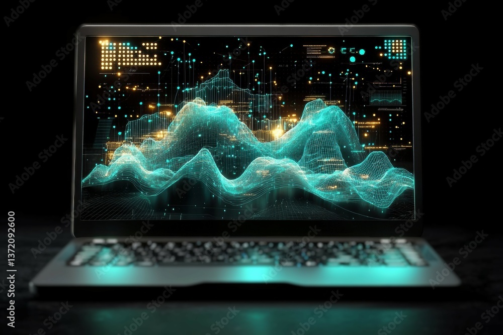 Aufkleber abstract futuristic laptop design with colorful lines and dots on black background symbolizing techn
