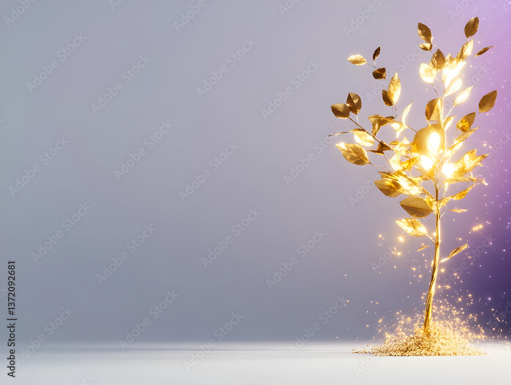 Poster golden ornamental tree with sparkling particles and shimmering leaves on soft backdrop