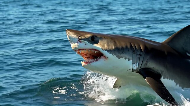  A close-up of a great white shark emerging from the water, showcasing its teeth and powerful presence. Large white shark Ready to attack its prey.