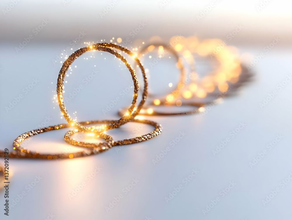 Poster golden rings arranged in a row with sparkling light effects on light background
