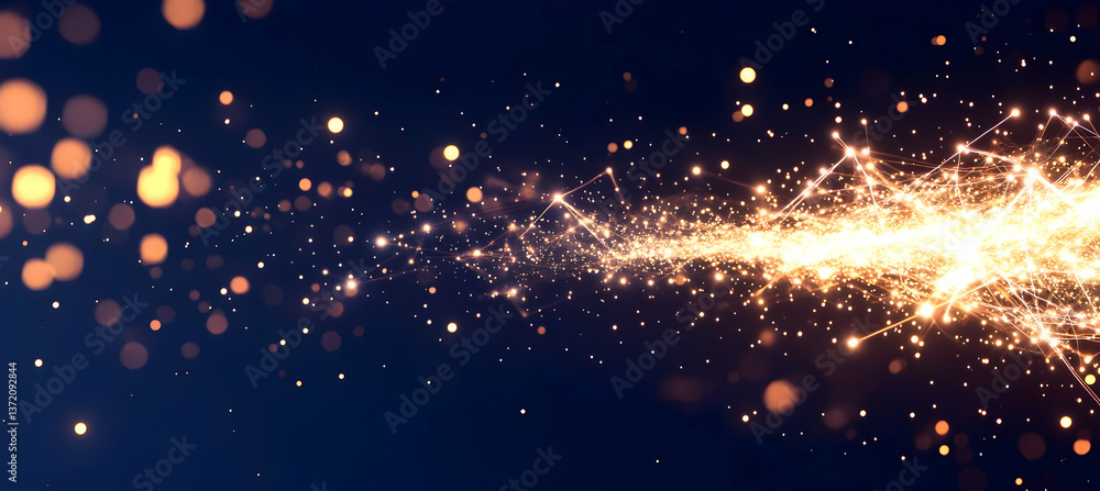 Poster golden sparkling particle flow against a dark blue gradient background