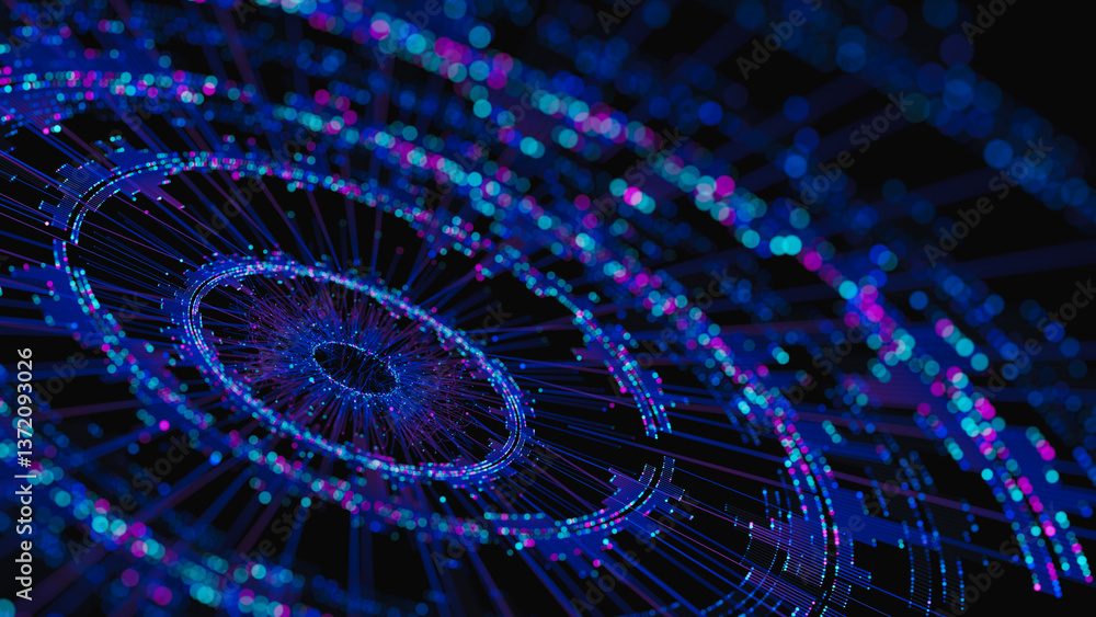 Poster Big data artificial intelligence machine learning neural network flow complex information science innovation technology data analysis visualization cyberspace future. 3d rendering..