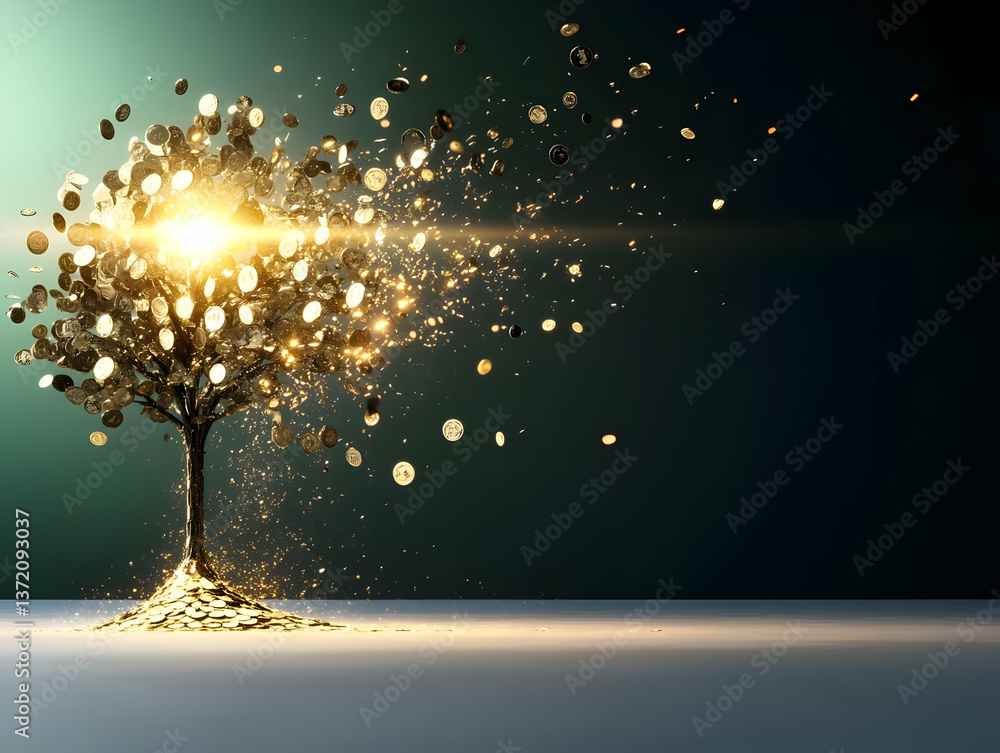Poster golden tree with sparkling light and abstract cubes against teal and dark background
