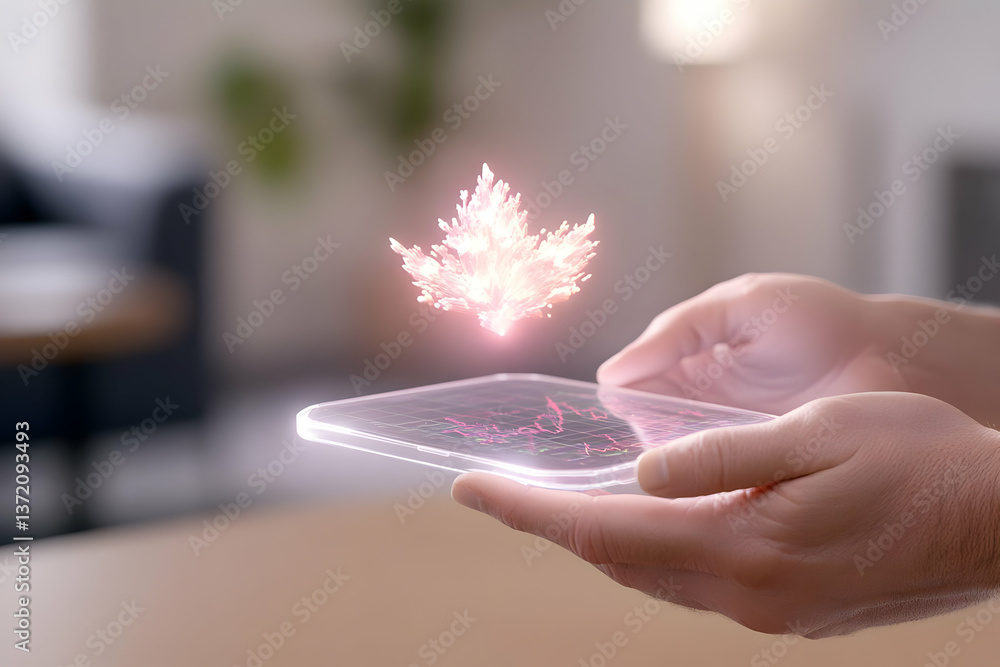 Poster hand holding mobile device displaying glowing pink leaf symbol with blurred background