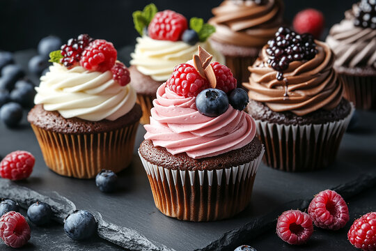 Gourmet cupcakes and pastries decorated with chocolate and berries on a dark slate background. A close-up composition showcasing luxury desserts for celebrations and special occasions.

 - Powered by Adobe