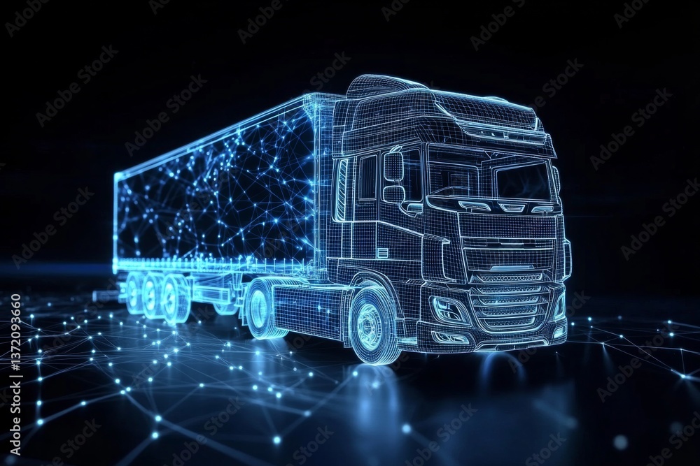 Aufkleber blue wireframe design 3d rendering of futuristic truck with mesh trailer in network effect on black 