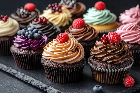 Elegant cupcakes and pastries topped with chocolate and fresh berries, arranged in a row on a black slate background. A close-up shot ideal for event catering and luxury dessert displays.

