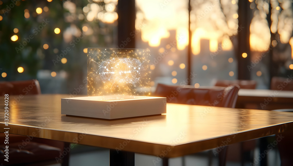 Poster illuminated magic box displaying glowing sparkles on a wooden table in restaurant with bokeh lights