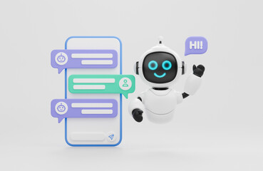 Chatbot AI Artificial Intelligence technology virtual conversation assistant support mobile smart phone online application chatting with customer service automatic answering. 3d rendering.