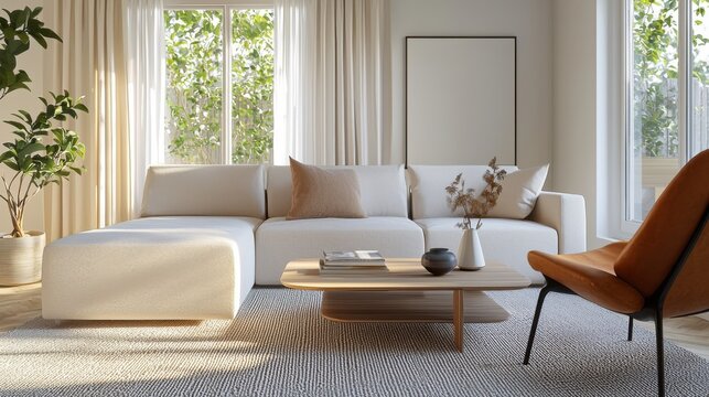 Scandinavian living room, milk tone corner sofa, terracotta chair, wood coffee table, linen curtains, warm ambient evening light, natural light, soft shadows