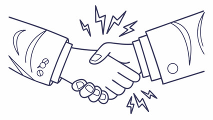 Simple line drawing of two hands with lightning symbols around them for business agreement blogs, partnership announcements and deal making illustrations.