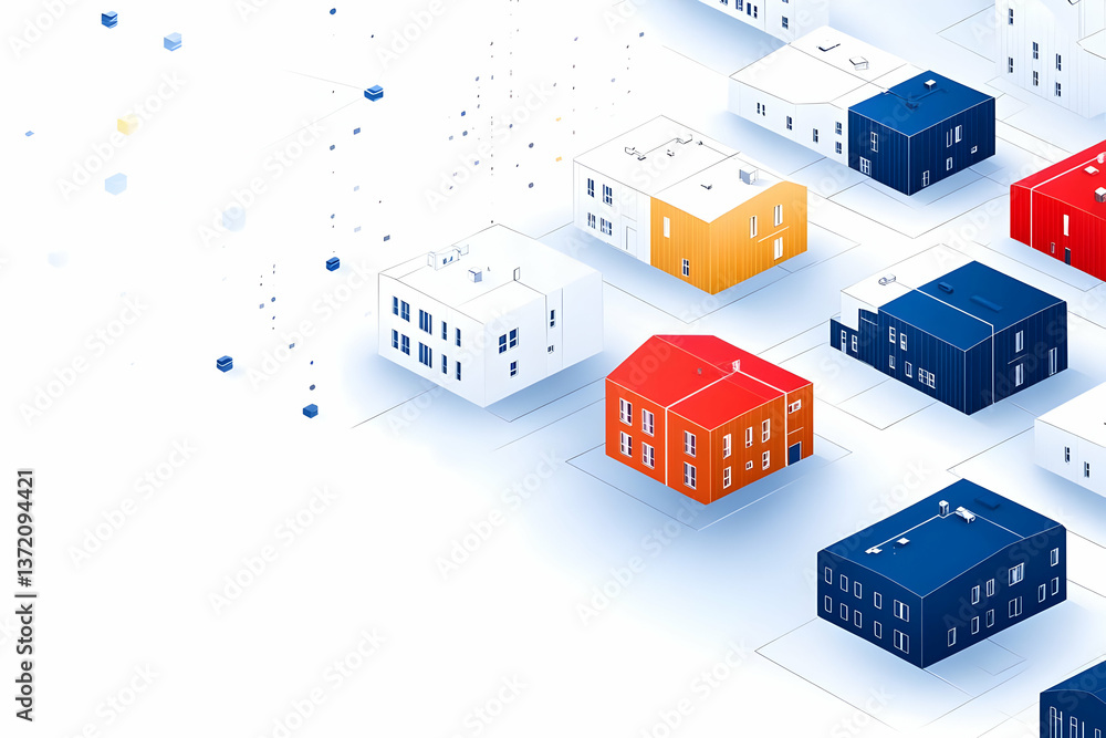 Poster isometric colorful pixelated building blocks in white background