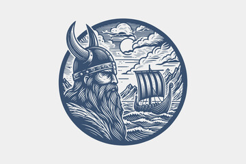 Vintage black and white Viking warrior emblem with longship