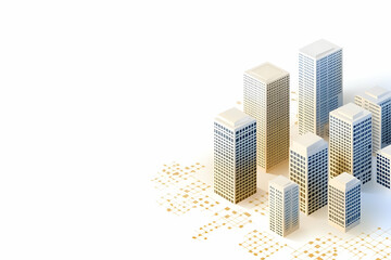 Fototapeta premium Isometric Cityscape with Modern Buildings Against White Backdrop in Clean Minimalist Style