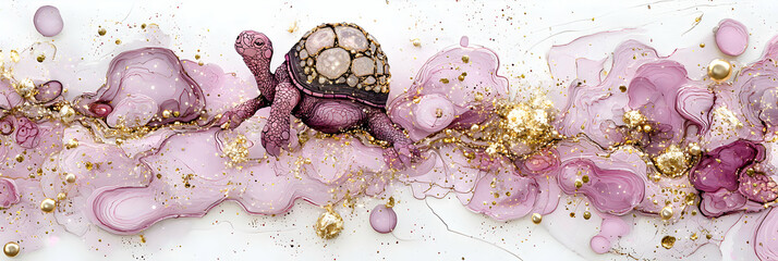 Pink and Gold Abstract Art with Turtle