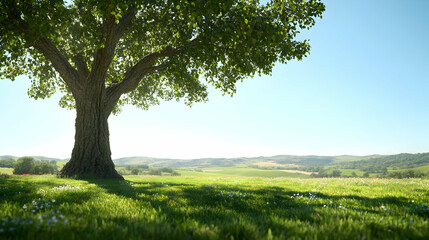 Fototapeta premium Large Deciduous Tree Dominates Grassy Field with Rolling Hills Under Clear Blue Sky During Daytime