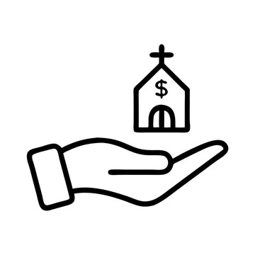 Black outline icon of hands offering or supporting building with cross and dollar sign isolated on white background for church fundraising,religious donations and financial support for religious