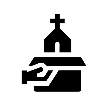 Black outline icon of hands offering or supporting building with cross and dollar sign isolated on white background for church fundraising,religious donations and financial support for religious