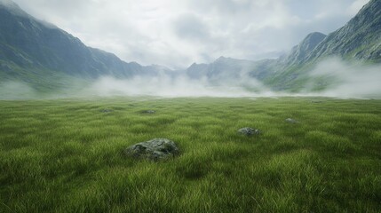 A vast, open grassy plain with soft rolling hills and patches of rocky terrain