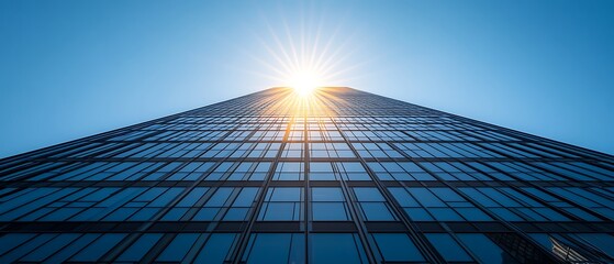 Low-angle shot of high-tech glass skyscraper reflecting morning sun, deep shadows and ultra-HD clarity --ar 21:9