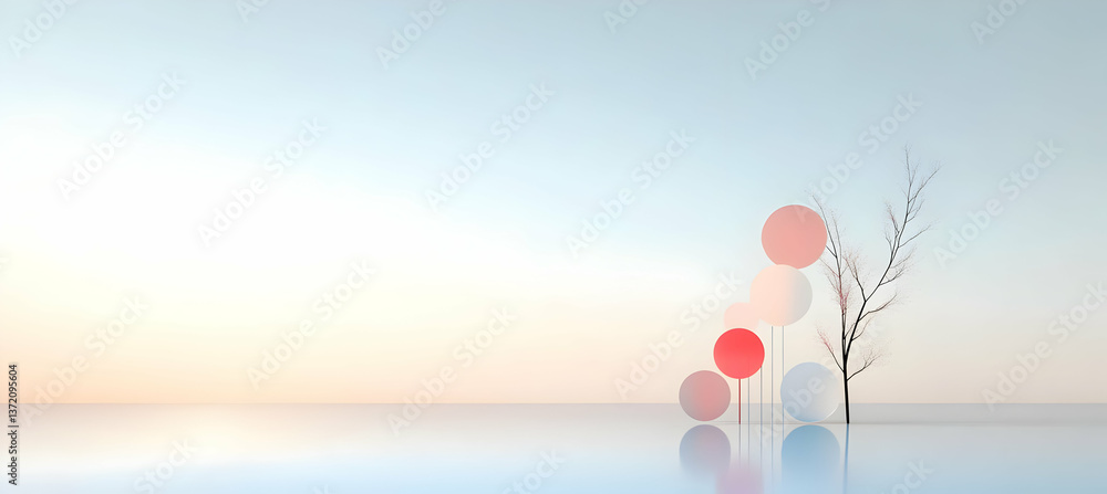 Poster minimalist abstract composition of red and white spheres in a dreamy reflection setting