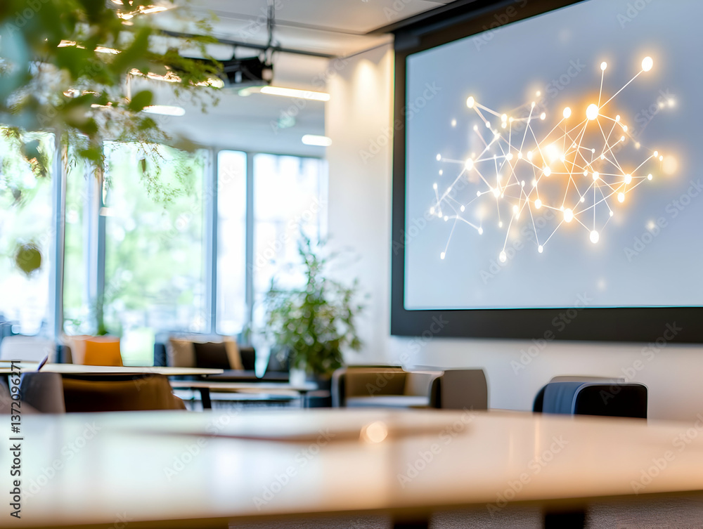 Poster modern meeting room with screen displaying abstract network in a bright office space