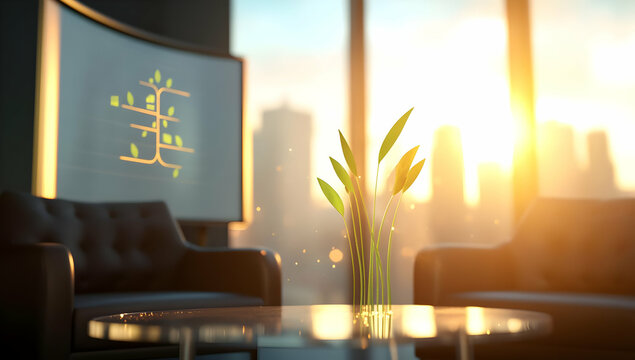 Modern Office Interior with Plant on Table and City View at Sunset