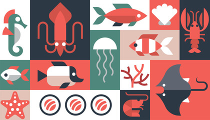 Seafood background vector geometric, set of icons Restaurant Cafe kitchen menu