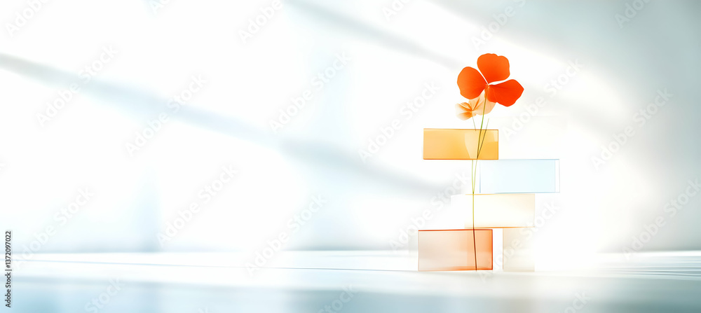 Poster orange flower on stacked translucent blocks with soft lighting and white background