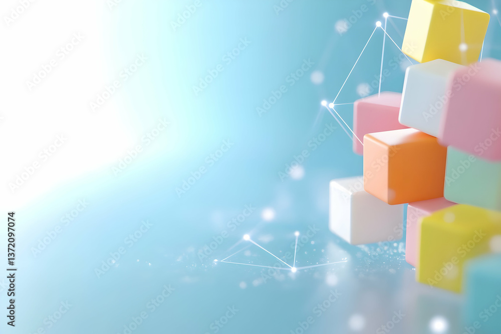 Poster pastel colored cube stack against soft light blue background with geometric lines