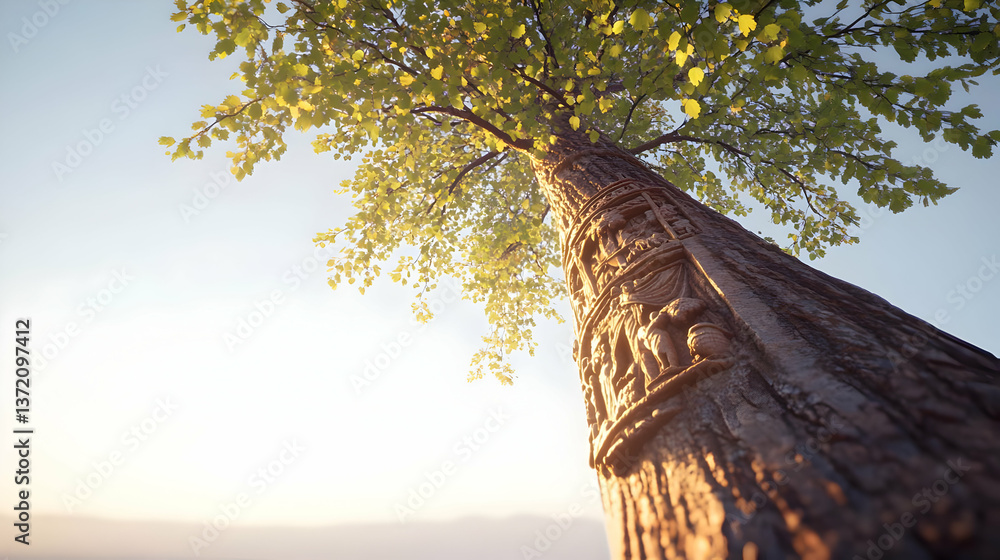 Poster pixelated tree bark texture with sunlight gleaming through branches and leaves