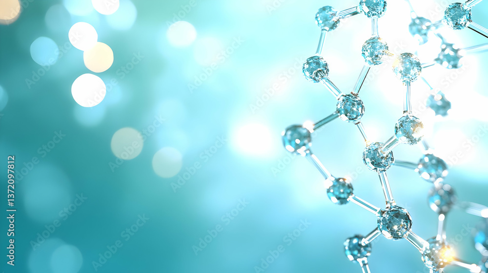 Poster shiny molecular structure model on blue gradient background with bokeh lights