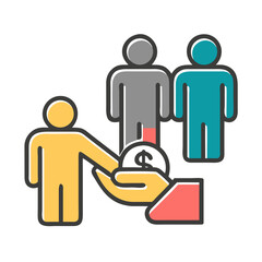colourful cartoon icon with figure offering coin with dollar sign in hand for finance blogs,social support sites and topics about economic inequality.