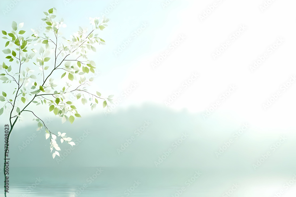 Poster single green leaf tree leaning above calm water and a soft hazy background scene
