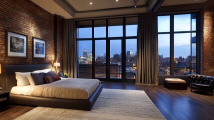 Fototapeta premium Cityscape Loft Bedroom Dusk