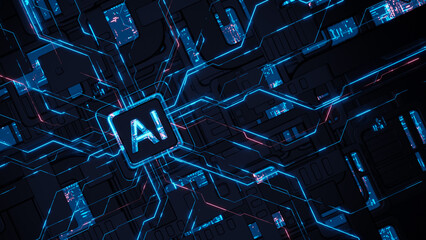 AI concept Artificial Intelligence technology circuit motherboard chip computer design machine deep learning data network analysis futuristic. 3d rendering..
