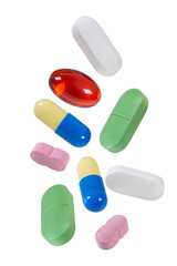A close-up of various pills in different shapes, sizes, and colors, scattered on a clean white...