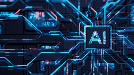AI concept Artificial Intelligence technology circuit motherboard chip computer design machine deep learning data network analysis futuristic. 3d rendering..