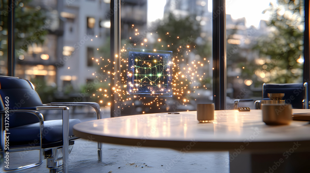 Poster sparkling geometric cube floating above conference table in a bright modern office blurred backgroun