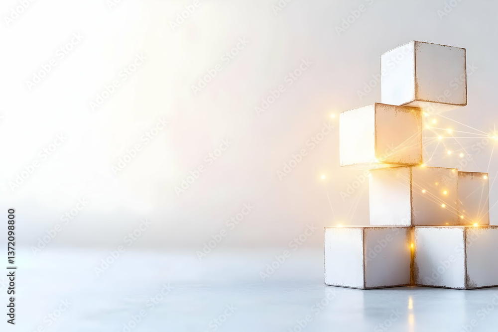 Poster stacked white cube structure digital connection with illuminated light on white background