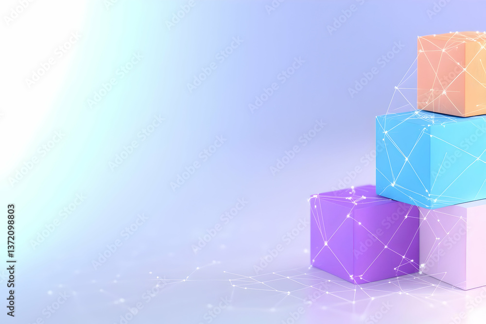 Poster stacked pastel geometric cubes with connected lines in a soft light studio