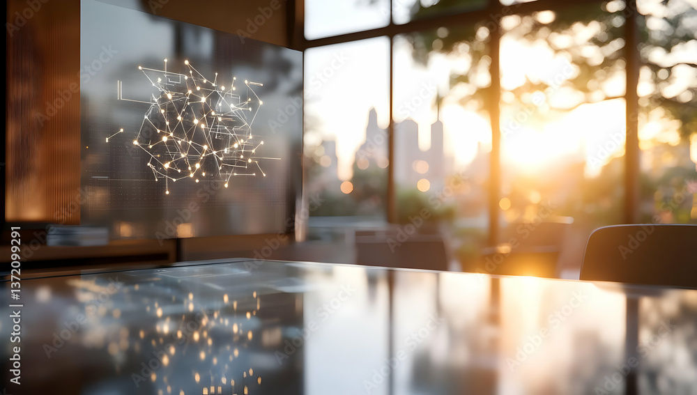 Poster sunlit modern interior featuring an abstract table design with urban background and bokeh
