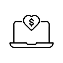 Online donation icon: laptop displaying a heart encompassing a dollar sign. Ideal for charity websites, financial blogs, and articles on online giving and fundraising.