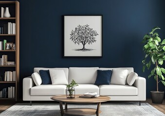 A simple white canvas with an outline of coral tree branches in black ink, hanging on the wall above a dark blue sofa and coffee table.
