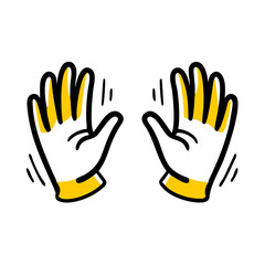 Obraz premium Two cartoon hands with white palms and yellow fingers and cuffs for websites or blogs about applause, greetings, hand gestures or cleaning (if gloves are implied).