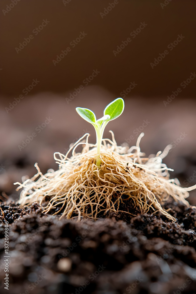 Poster tiny green seedling emerging from dark soil with extensive root system in studio shot