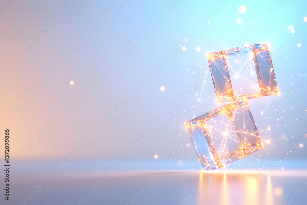 Poster two abstract geometric transparent cubes with glowing particles in a modern design