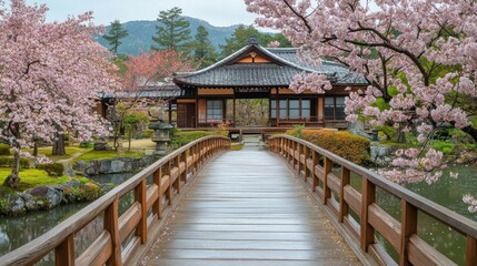 Tranquil Japanese Garden Bridge with Cherry Blossoms