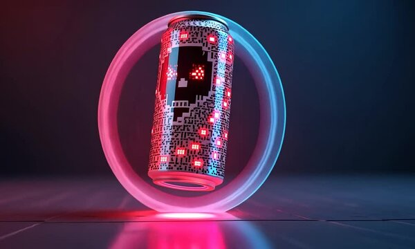 Cyberpunk Energy Drink Can: Digital Skull Design